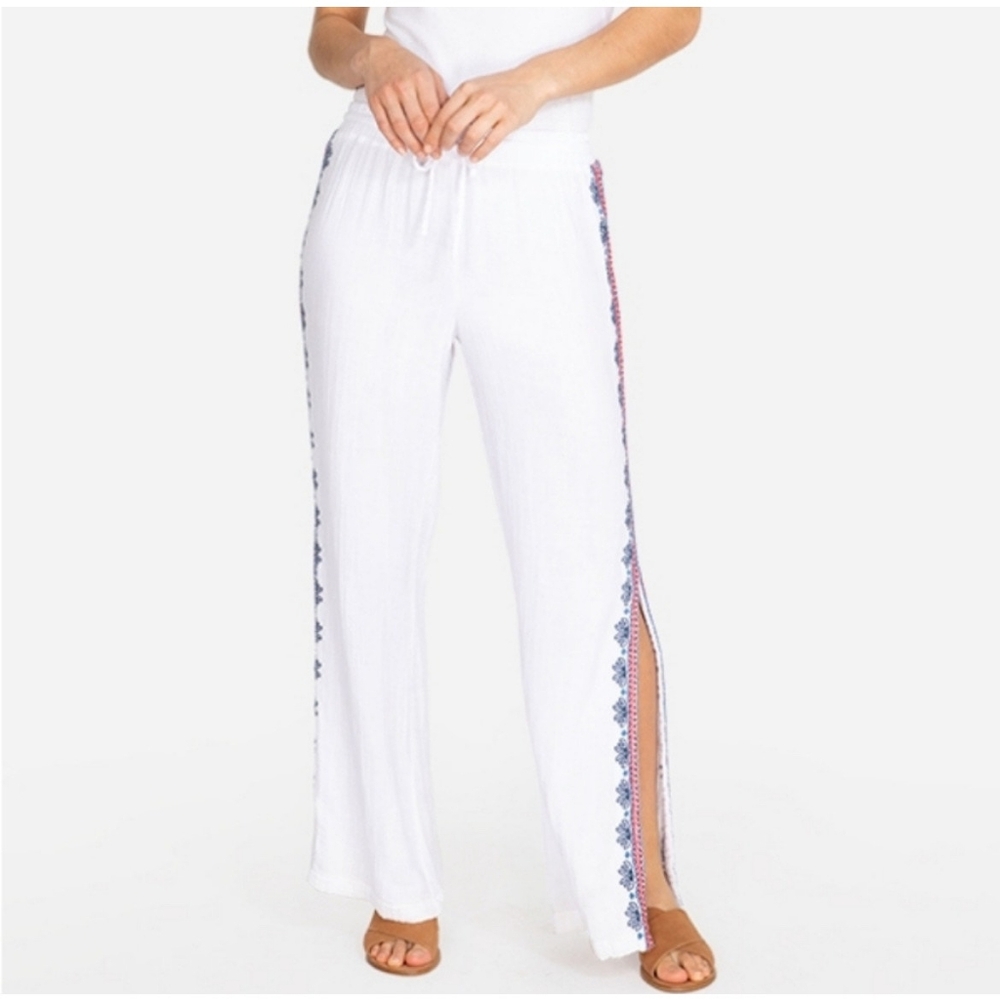 Johnny Was White Wide-Leg Pants with Blue Embroidered Side Trim